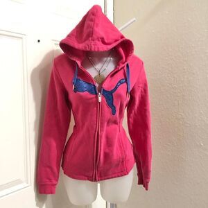 2000s Y2K Deadstock Pink Puma Zip up fitted jacket hoodie blue logo pockets